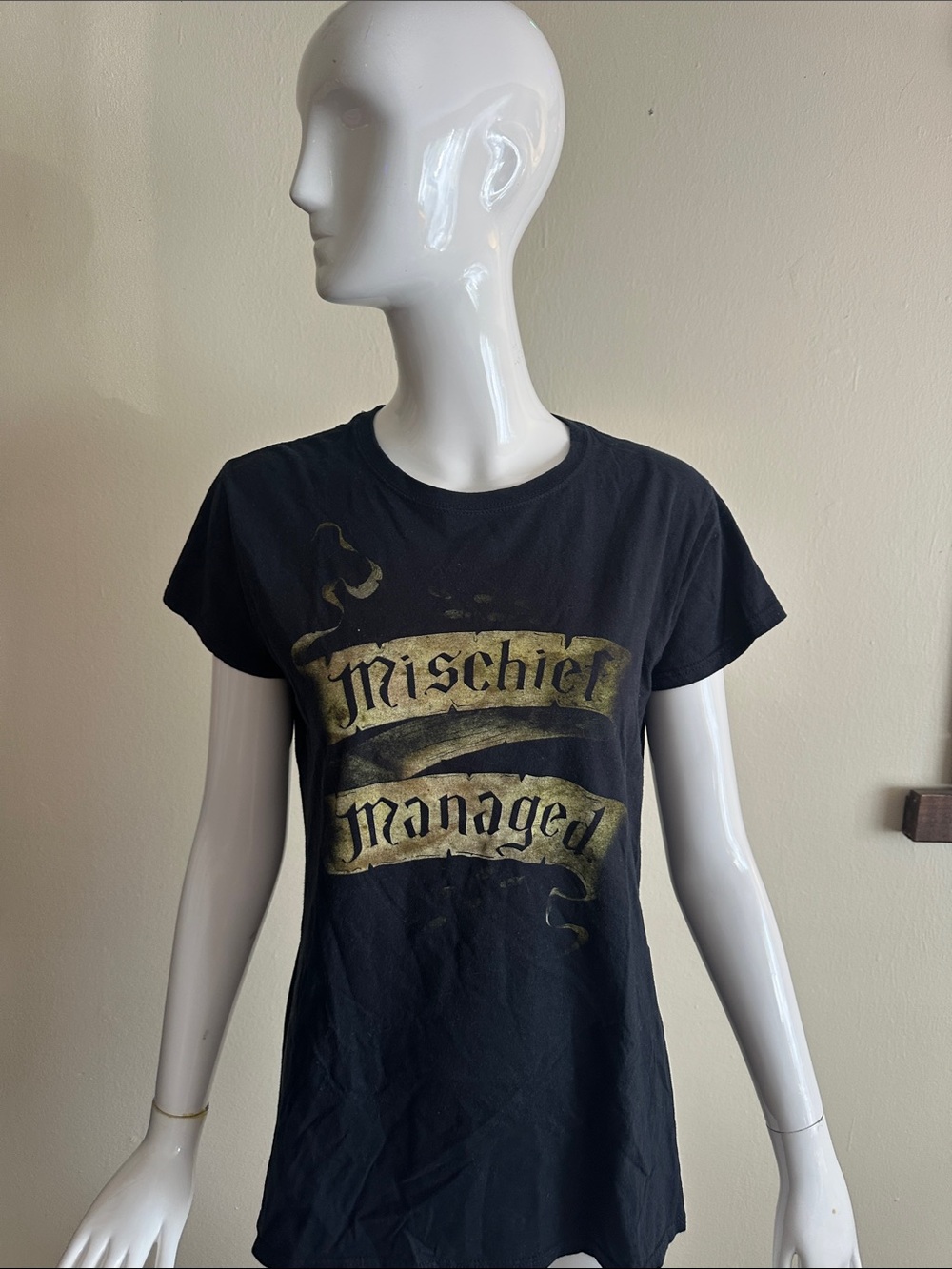 Black Graphic Tee with Gold 'Mischief Managed' Print - Unbranded